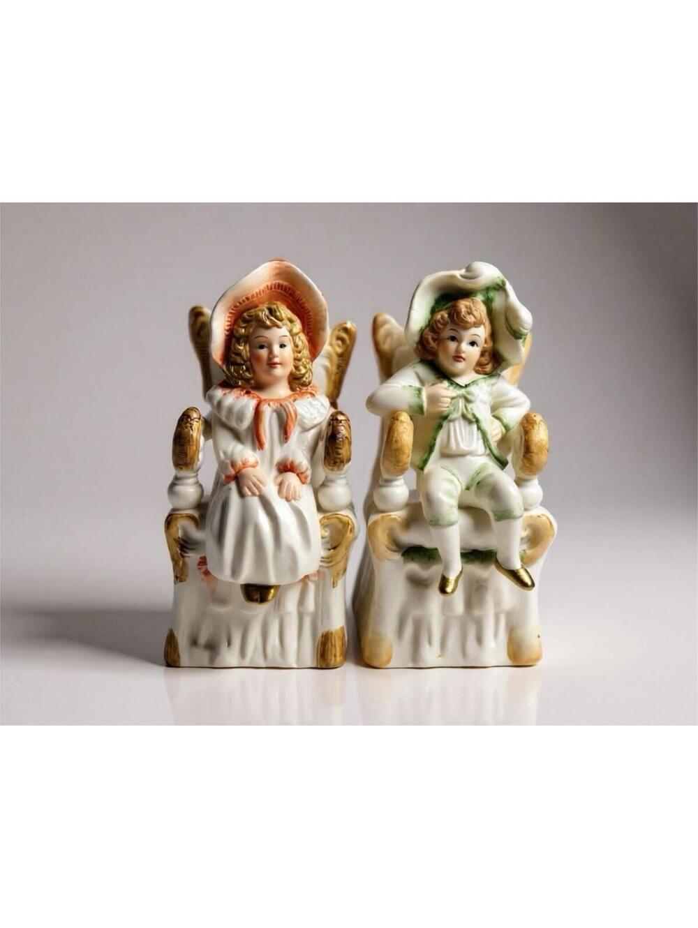Vintage Porcelain Boy and Girl Figurines Sitting on Thrones - Pair